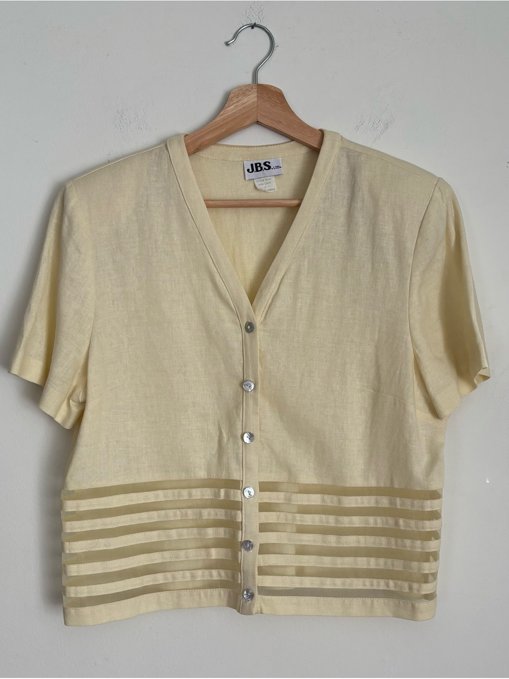 Vintage JBS Ltd Yellow Linen Blouse V-Neck Sheer Striped Hem Short Sleeve M/L
